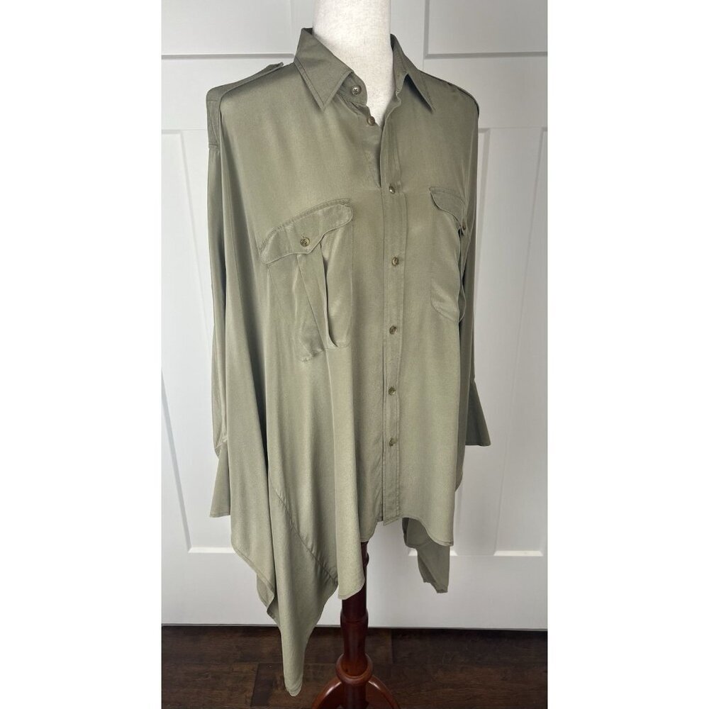 Polo Ralph Lauren 100% Silk Blouse Batwing Oversize Olive Green Asymmetrical M/L - Picture 10 of 11
